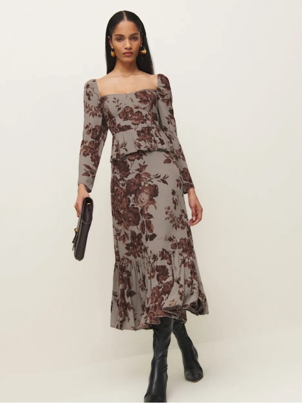 Reformation Taupe Midi Skirt with Brown Floral Print